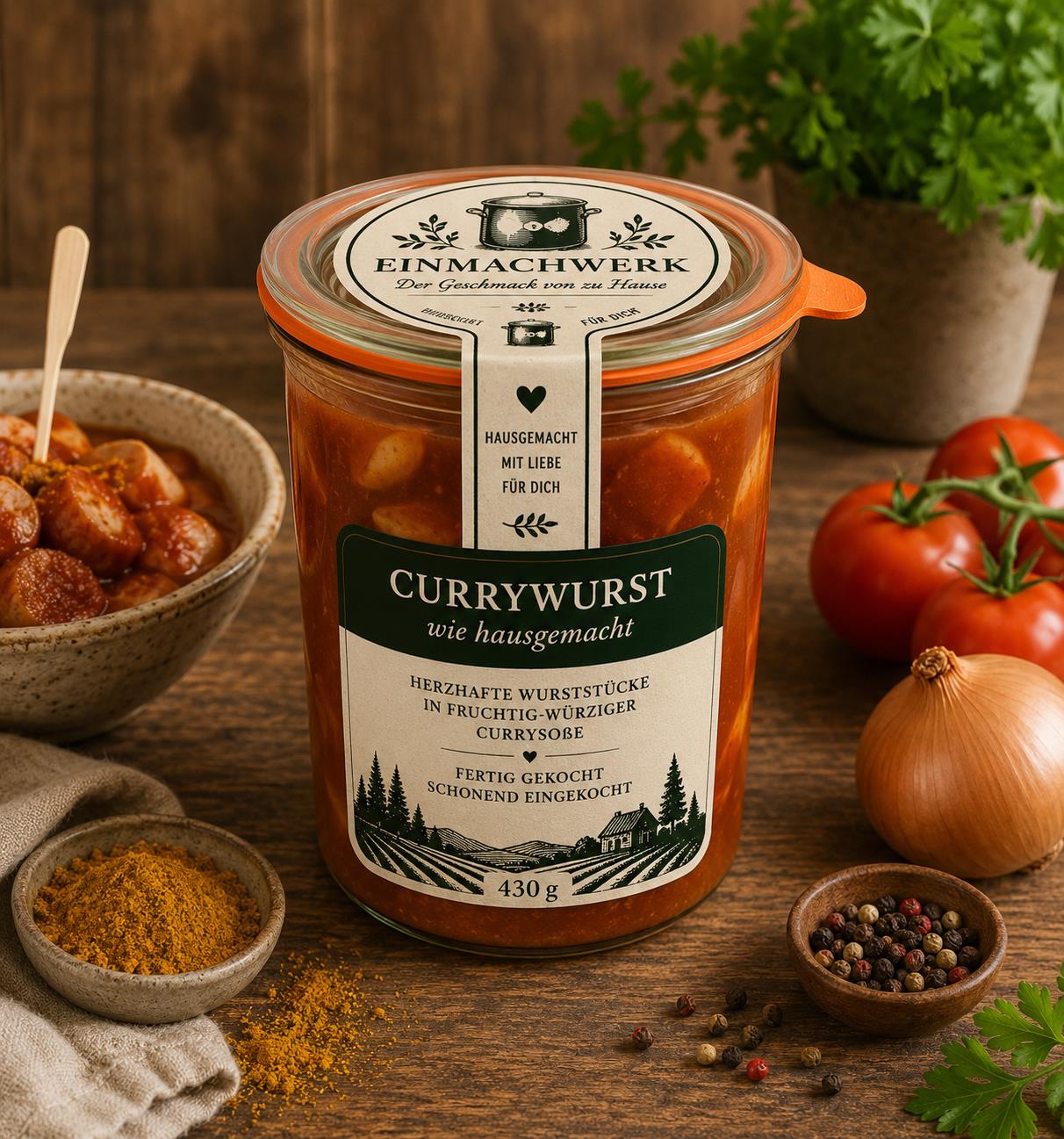 Einmachwerk Currywurst im Weckglas