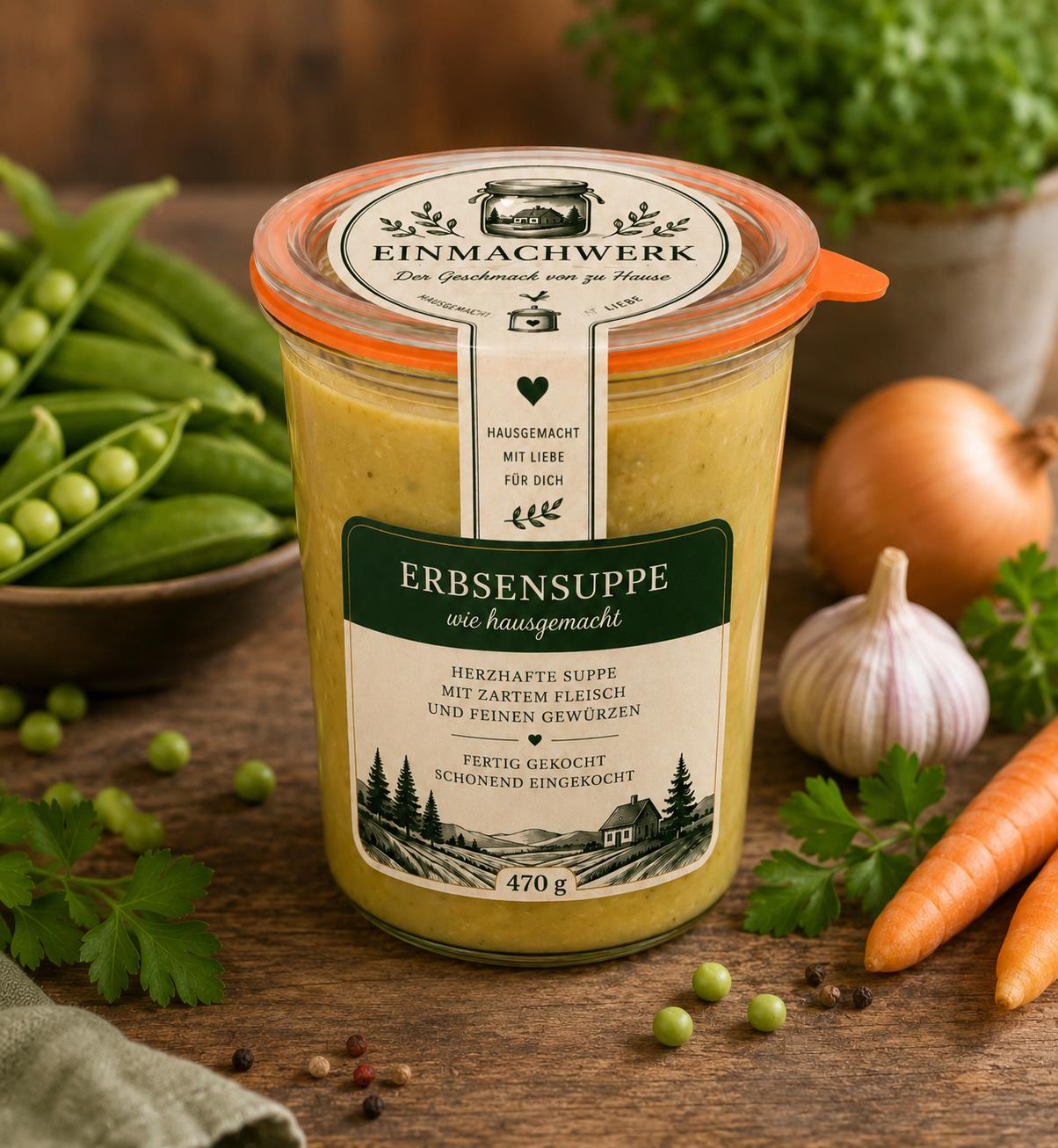 Einmachwerk Erbsensuppe im Weckglas