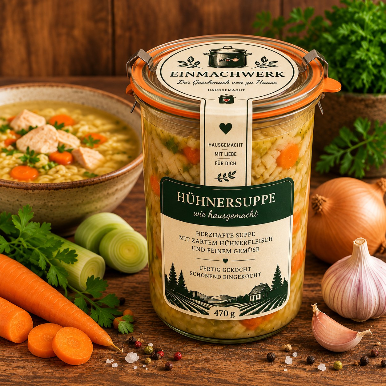 Einmachwerk Hühnersuppe im Weckglas