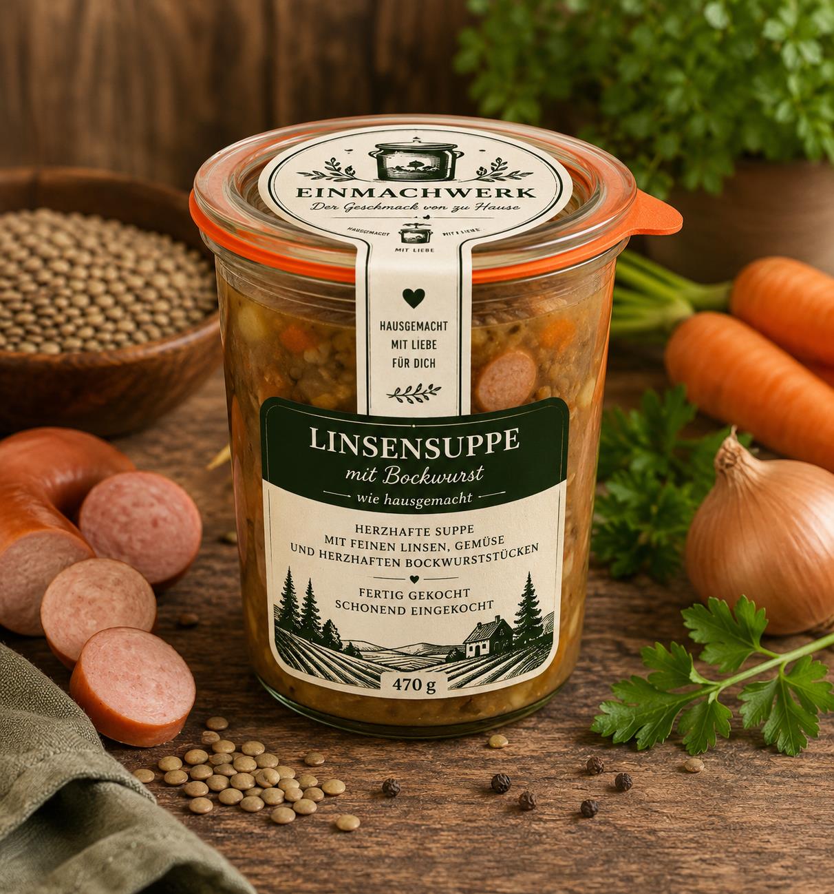 Einmachwerk Linsensuppe mit Bockwurst im Weckglas