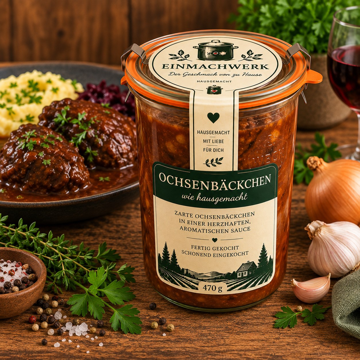 Einmachwerk Ochsenbäckchen in Weinbrandsauce im Weckglas