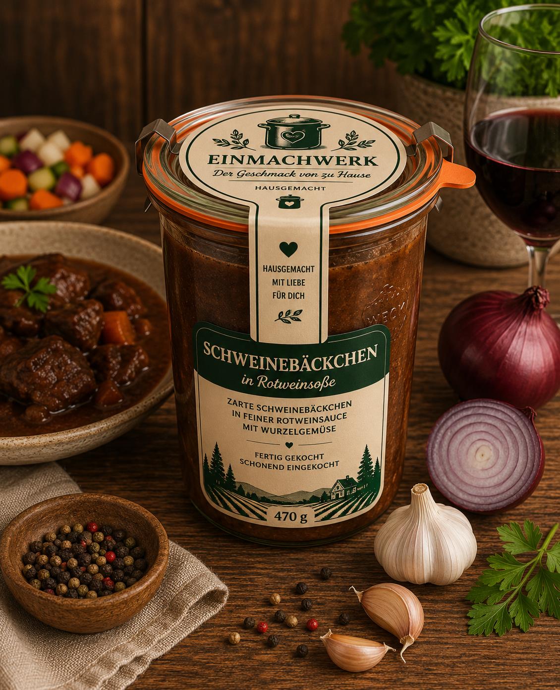 Einmachwerk Schweinebäckchen in Rotweinsoße im Weckglas