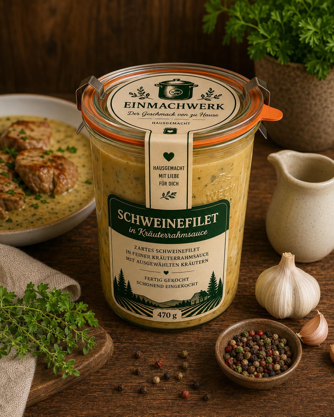 Einmachwerk Schweinefilet in Kräuterrahmsoße im Weckglas