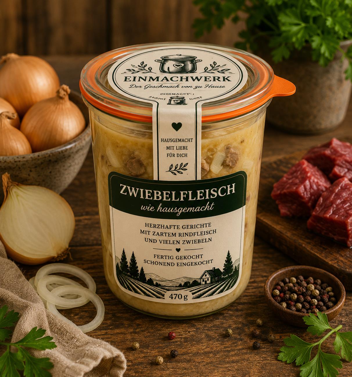 Einmachwerk Zwiebelfleisch im Weckglas